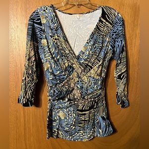 Zen-Knits Blue & Cream Floral Long Sleeve Blouse